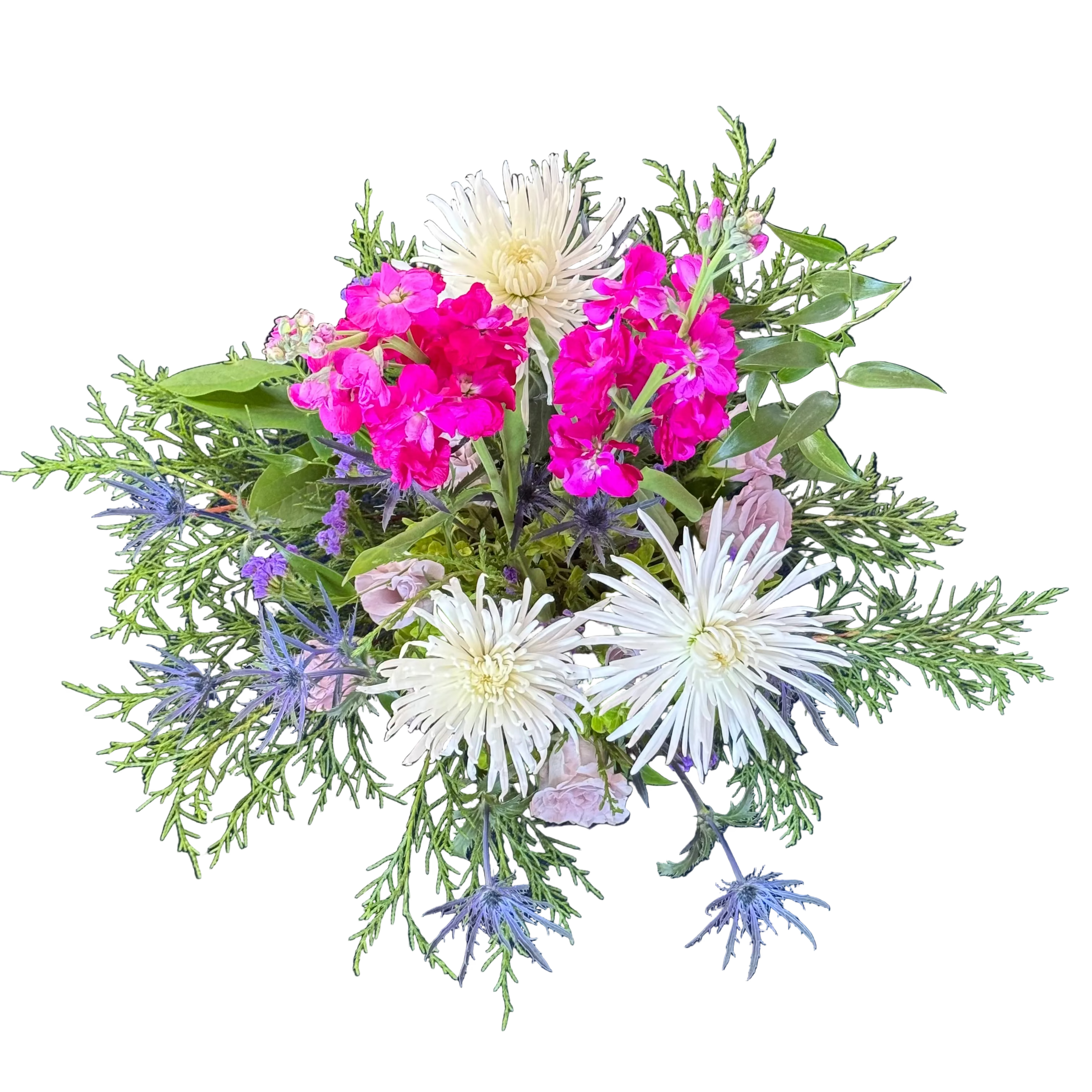 Bouquet of flowers with pink, white, and green on a dark blue background