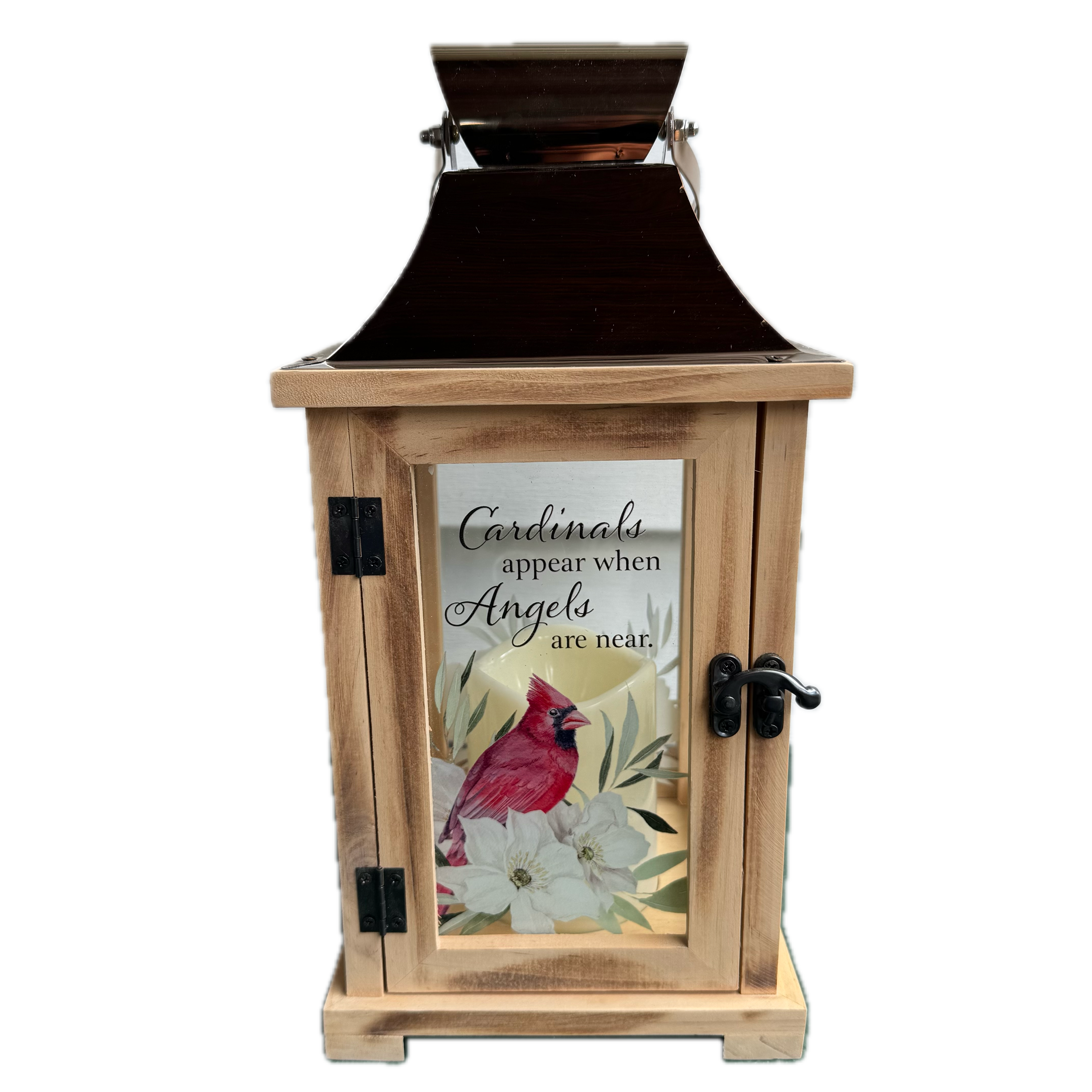 Wooden lantern with a glass panel featuring a cardinal and floral design, on a white background.