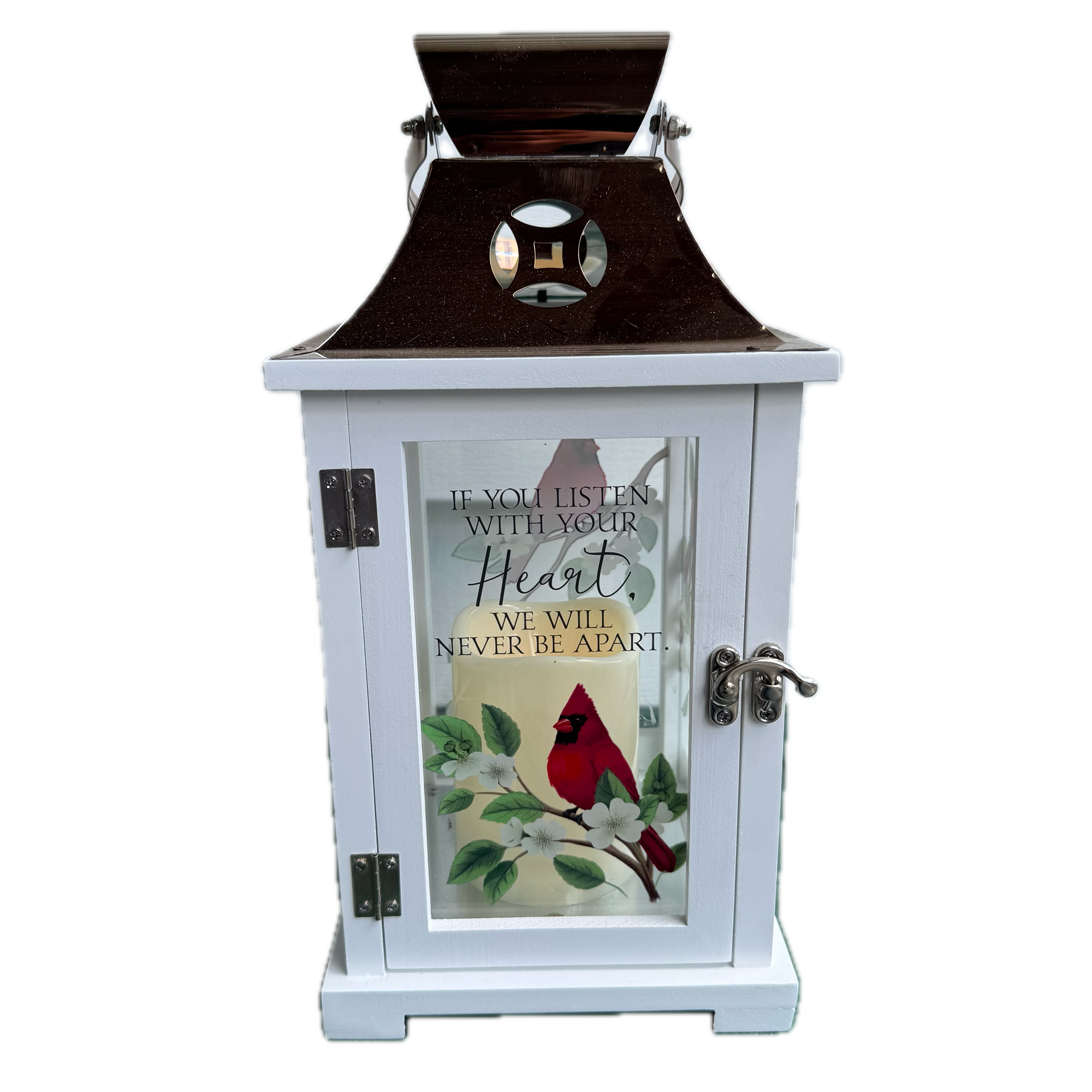 Decorative lantern with a red cardinal design and inspirational quote on a white background