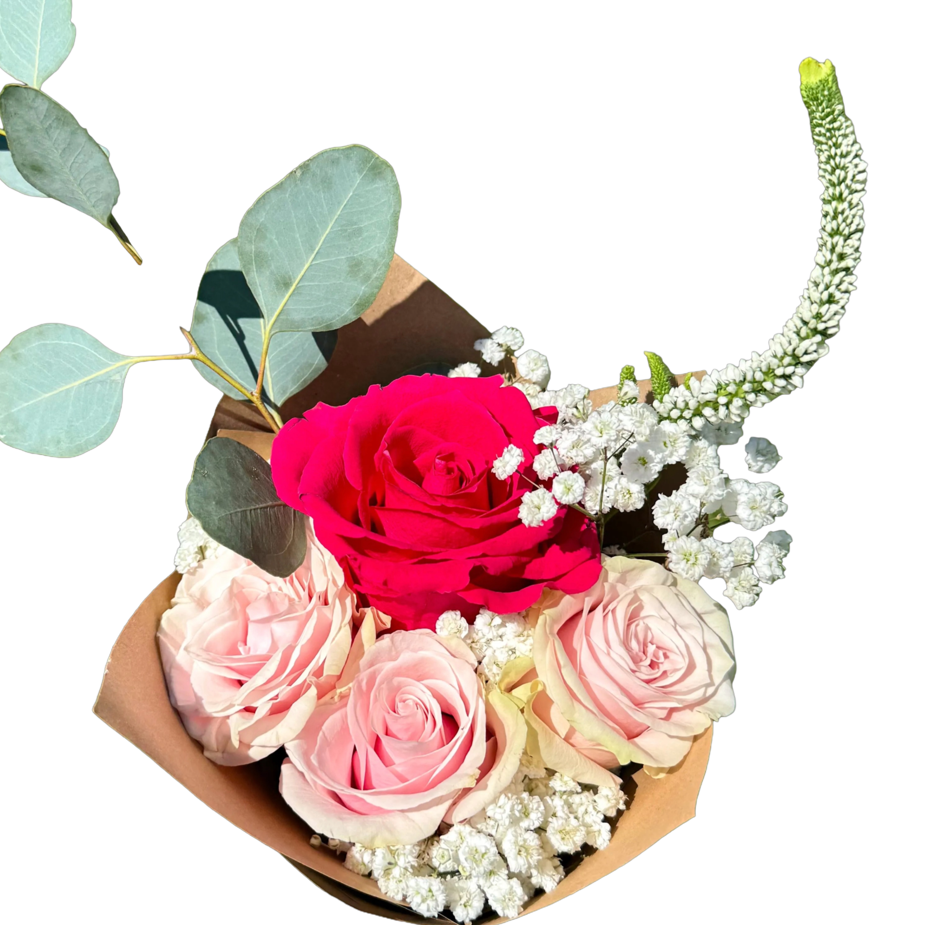 Bouquet of flowers with pink and white roses and a red rose on a white background